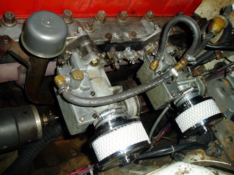 October 2007. New air filters from Speedway. I had to make adapters out of exhaust pipe fittings because nothing fits these carb