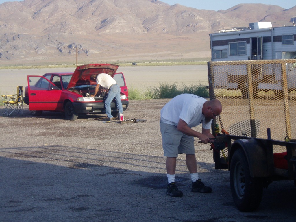 Pilot parking lot, Wednesday. The meet is rained out. 