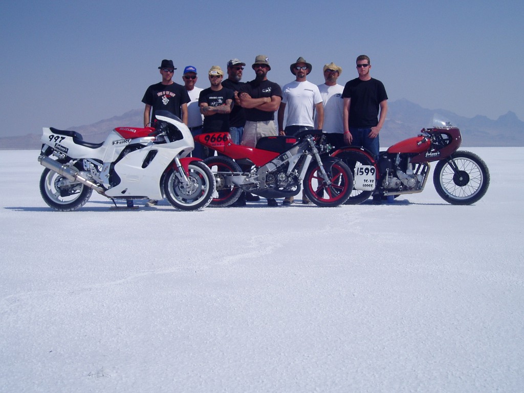 Wheel Tramps Racing team photo 2006. Left to right: Mikey, John, Ryan, Snotty, Jet Fuel, Mojo, Tat Matt, Brian. 4 records in the