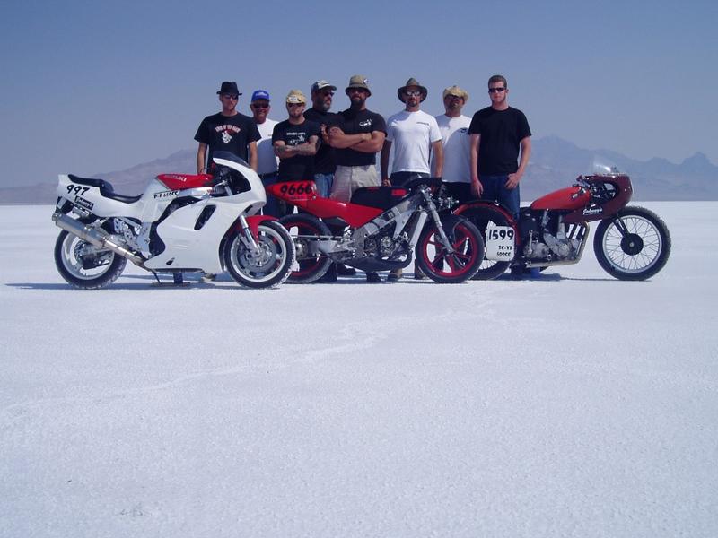 Wheel Tramps Racing team photo 2006. Left to right: Mikey, John, Ryan, Snotty, Jet Fuel, Mojo, Tat Matt, Brian. 4 records in the